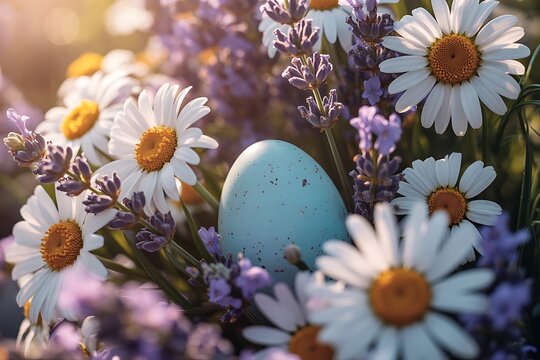 Delightful Easter season featuring a speckled blue egg nestled among vibrant white daisies and fragrant lavender blooms in soft, warm sunlight - Powered by Adobe