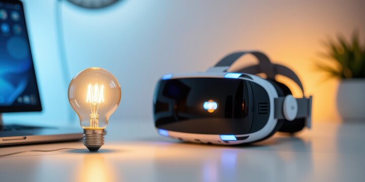 Virtual reality headset beside a glowing light bulb on a modern workspace. - Powered by Adobe