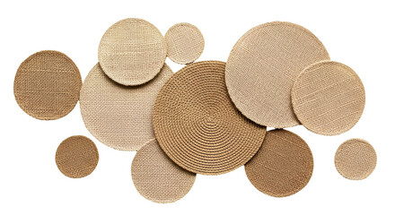 Set of round woven jute placemats isolated on transparent PNG background, natural fiber table mats, rustic boho dining decor elements, neutral textured circles for interior styling