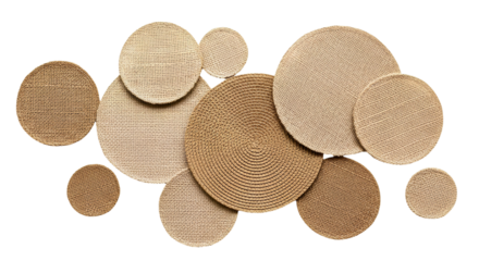 Set of round woven jute placemats isolated on transparent PNG background, natural fiber table mats, rustic boho dining decor elements, neutral textured circles for interior styling