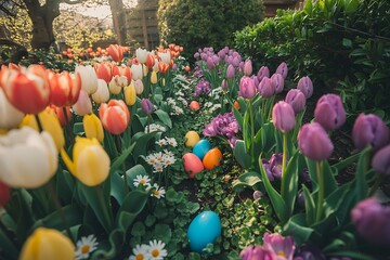 Vibrant spring garden with colorful tulips and hidden Easter eggs, perfect for seasonal greetings, cheerful celebrations, and springtime marketing campaigns