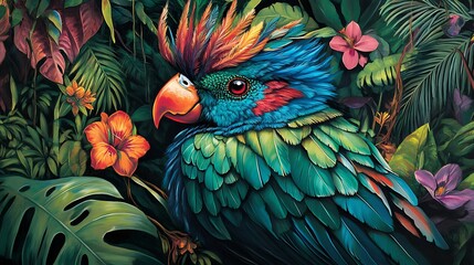 vibrantly colorful parrot with a striking feather crest is nestled among lush tropical leaves and exotic flowers in a detailed, illustrative style. Ideal for nature, wildlife, and jungle-themed