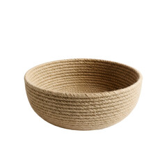 Round woven rope basket isolated on transparent PNG background, natural jute fiber storage bowl, rustic home decor container for organizing, boho interior accessory, minimal handcrafted basket clipart