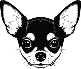 Black and White Vector Chihuahua Dog Portrait Funny Puppy Head Illustration Canine Breed Pet Face Drawing Minimalist Outline Graphic