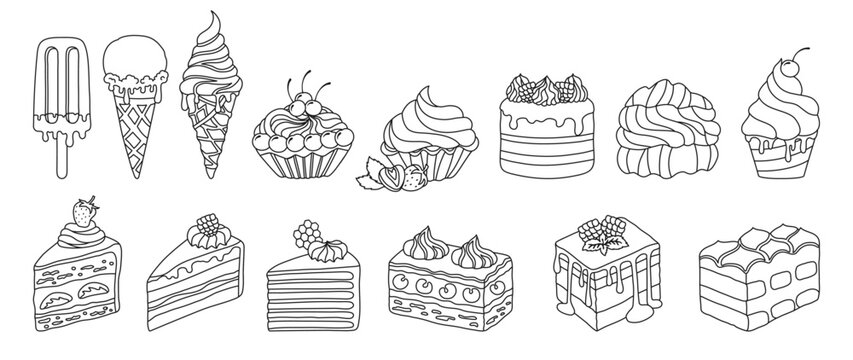Cakes, pieces of cake and ice cream, different types desserts line doodle set. Birthday or wedding various slices cakes texture illustration. Sweet holiday bakery art. Vector hand drawn cartoon design