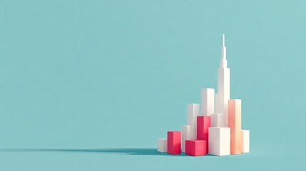 Abstract miniature cityscape with abstract buildings and geometric shapes on a solid blue background