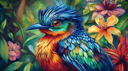 Fototapeta premium colorful exotic bird with iridescent blue, green, and red feathers in a lush tropical jungle with vibrant flowers, rendered in a vivid digital painting style