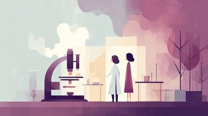 Two scientists one holding a sample stand near a microscope in a modern laboratory setting with abstract colorful clouds in the background
