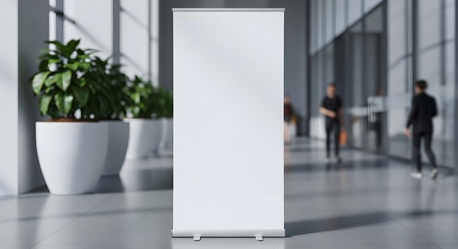 Blank roll up banner stand mockup in modern office building interior
