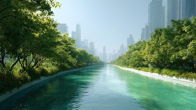 A tranquil canal reflects lush green trees and distant modern skyscrapers under a hazy sky offering a blend of nature and urban development - Powered by Adobe