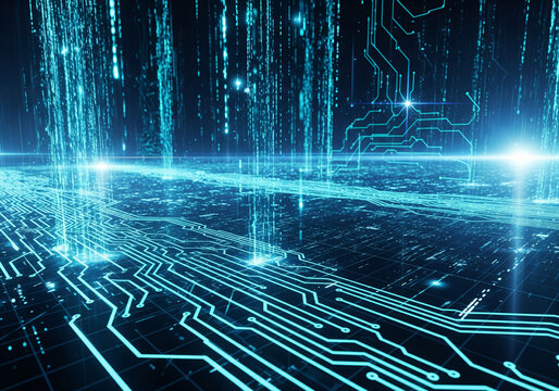 Abstract digital circuit board with data flowing in a futuristic high-tech illustration