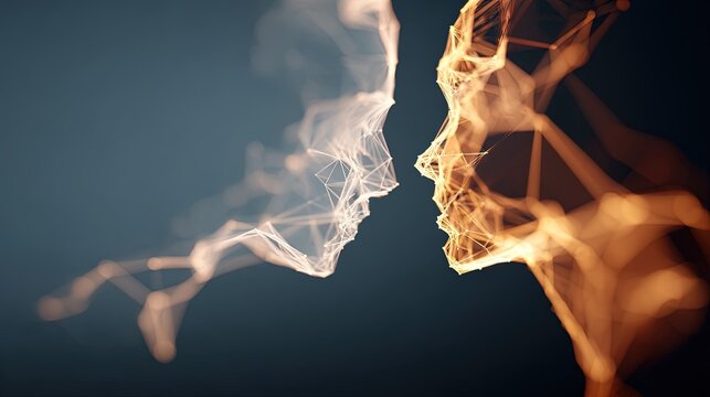 Two abstract human heads rendered in glowing geometric lines and shapes facing each other against a dark background - Powered by Adobe