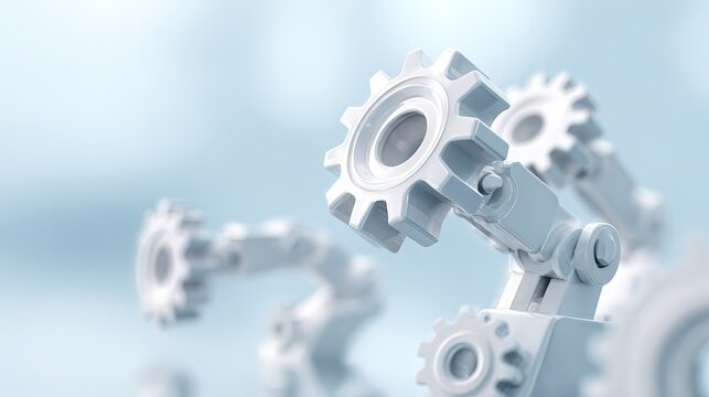 Close up view of interlocking white mechanical gears and robotic arm components against a soft blue background symbolizing industry and technology