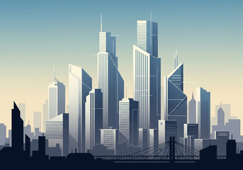 Fototapeta premium Sleek vector illustration of a modern city with futuristic skyscrapers forming a dynamic urban skyline against a clear sky