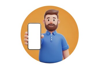 Friendly 3d bearded man holding blank smartphone screen display