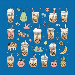 Delightful bubble tea drink pattern with cute fruit characters design