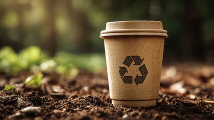 Close-up on a compostable coffee cup with a recycling symbol, sitting on natural soil, representing eco-friendly alternatives, no people.