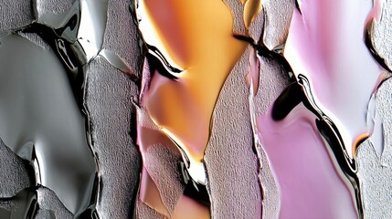 An abstract close-up of textured surfaces with flowing, liquid-like elements in metallic grey, warm orange, and soft pink hues, reflecting light with a glossy s