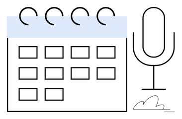 Spiral-bound calendar beside a microphone signifies planning, scheduling, public speaking, podcasting, and content creation. Ideal for events, communication, productivity, time management media