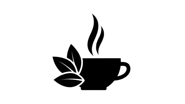 Vector illustration of black silhouette icon of a steaming hot cup of tea with fresh green leaves, isolated on transparent background  - Powered by Adobe