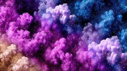 Swirling clouds of vibrant pink, purple, and blue hues, interspersed with sparkling stars against a dark background, creating a cosmic and ethereal atmosphere.