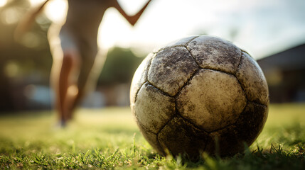 Soccer Ball on the Green: A rugged soccer ball rests on lush green grass, evoking memories of spirited games, sun-drenched days, and the pure joy of sports.