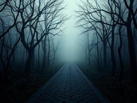 Eerie foggy forest path illuminated by ethereal light creating a mysterious and spooky atmosphere white background - Powered by Adobe