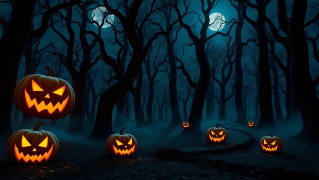 Spooky halloween night forest scene with glowing jack-o'-lanterns and full moon white background