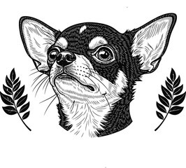 Detailed Chihuahua Dog Illustration with Laurel Branches Vector Art Portrait Pet Drawing Puppy Breed Canine Domestic Animal Companion Graphic Design Artwork