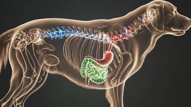 Detailed 3D Medical Animation Illustrating Canine Digestive System and Spinal Cord Anatomy With Vibrant Green Intestine And Red Blue Vertebrae On Dark Gradient