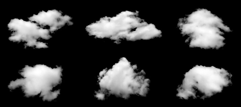 High-resolution cloud collection isolated on black background, featuring six soft fluffy formations with realistic vapor texture, ideal for weather themes, sky design, surreal concepts, graphic