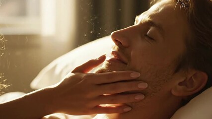 Gentle woman's hand applying exfoliating scrub to man's face in warm morning sunlight emphasizing skincare and self-care routine