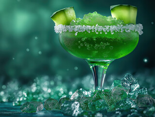 Green Cocktail Foam in a Glass with Sugar Rim