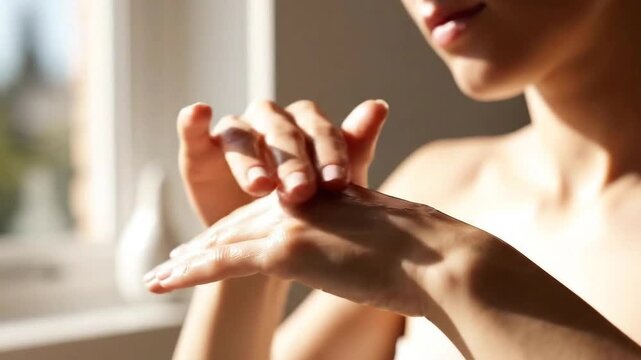 Gentle hands receiving moisturizing cream with soft natural sunlight highlighting skin texture and delicate touch promoting self care and wellness routines