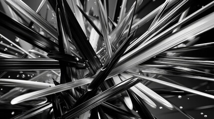 A dense, chaotic cluster of sharp, metallic spikes and shards in black and silver, radiating outwards. Tiny, reflective water droplets are scattered throughout