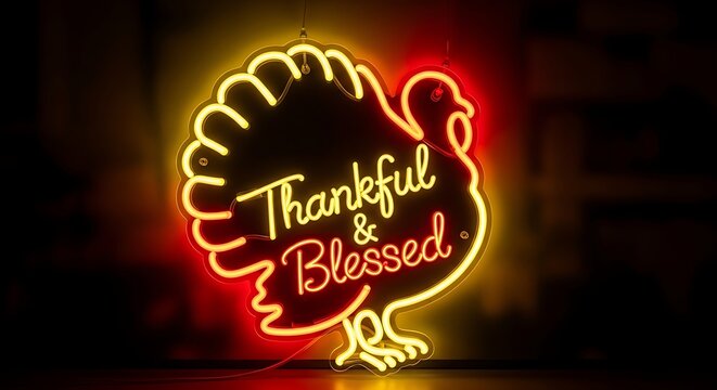 Glowing neon sign displaying a turkey shape with the words thankful and blessed for thanksgiving day