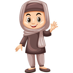 Smiling Young Muslim Girl Wearing a Hijab and Traditional Outfit Waving Hello on a Transparent Background