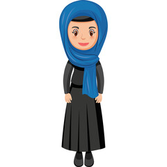 Smiling Young Muslim Woman Wearing Blue Hijab and Black Abaya with Transparent Background Simple Cartoon Illustration