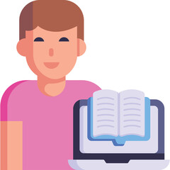 Smiling Young Person in Pink Shirt Beside Laptop Displaying Open Book on White Background Ideal for Educational Content