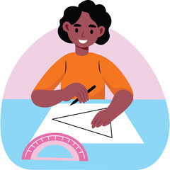Smiling young person with dark curly hair wearing an orange shirt drawing a triangle on white paper with a black pen and a protractor on a blue and pink background representing a desk in an art class