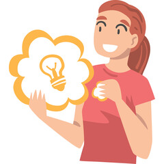 Smiling Young Woman Holding a Bright Idea Lightbulb Symbol in a Cloud Shape on Transparent Background