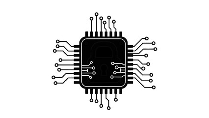 Vector illustration&nbsp;of black and white icon of a computer chip with a padlock symbol on it, isolated on transparent background 