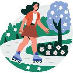Smiling Young Woman With Long Dark Hair Wearing An Orange Top and Brown Skirt Roller Skating On A Paved Path In A Lush Green Park With A Tree Blooming Blue Flowers