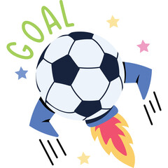 Soccer ball transforms into a rocket with GOAL text and colorful stars against a transparent background suggesting victory and speed