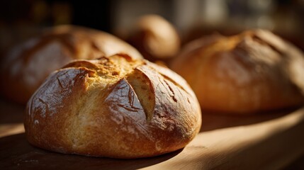 Three loaves of bread sit on a wooden table