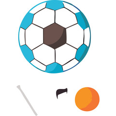 Soccer ball with white and blue hexagons and black pentagons floating in the air with a small orange ball and a white stick on a transparent background