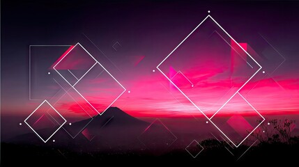Abstract geometric shapes, including squares and lines, are superimposed over a vibrant pink and purple sunset sky with a silhouetted mountain and landscape.