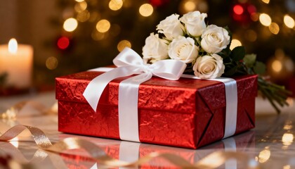 A hyper-realistic close-up of a luxurious Christmas gift. A red textured paper box with a white satin ribbon, adorned with a bouquet of white roses.