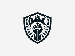 Strong hand fist gripping ax black vector logo with heraldic crest details for power brand identity