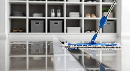 Cleaning mop with blue handle glides across shiny floor in modern home, showcasing effective cleaning tools and household organization for a tidy living space